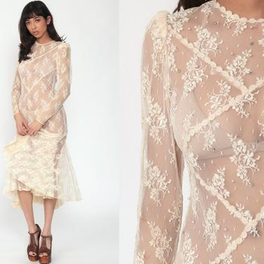 Sheer Lace Dress BEADED Midi 80s Party Cocktail Boho MERMAID HEM Cream Prom Hippie Bohemian 1980s Vintage Long Puff Sleeve Small 