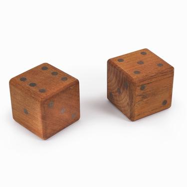 Teak Wood Dice Set Inlaid Brass Vintage 