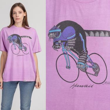 80s Kliban Cat Bicyclist T Shirt - Men's Large | Vintage Unisex Crazy Shirts Hawaii Graphic Tourist Tee 