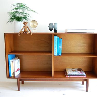 Mid Century Modern Afromosia Low Display Cabinet Bookcase with Transparent Glass Sliding Doors 