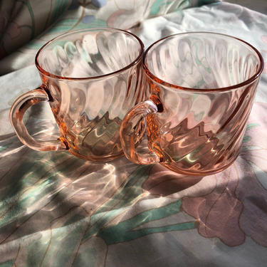 Vintage Pink Rosaline Swirl Glass Mugs Set of 2 by Arcoroc France Depression Glass 