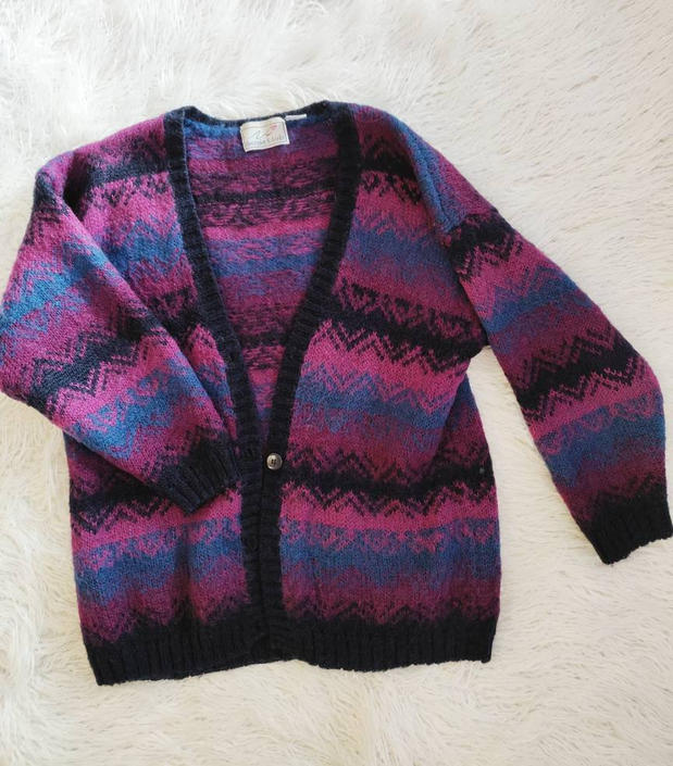 Vintage 80s Christopher Banks Mohair Cardigan Sweater // Black, Blue, Purple  | Gem Vintage | Minneapolis, MN