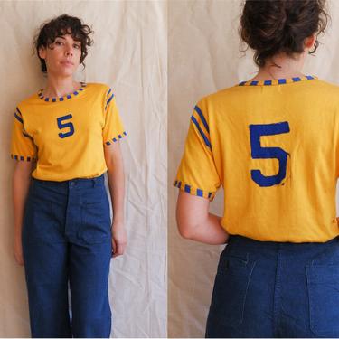 Vintage 60s Gold and Blue Rayon Jersey/ 1960s Striped Short Sleeve Felt Letter Athletic Uniform/ Size Medium 