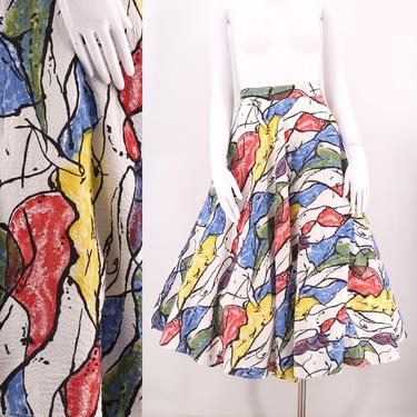 50s abstract novelty print circle skirt 24&amp;quot; / vintage 1950s mid century modernist cotton full skirt S 