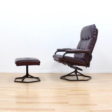Danish Modern Leather Lounge Chair & Ottoman Stool by Unico 