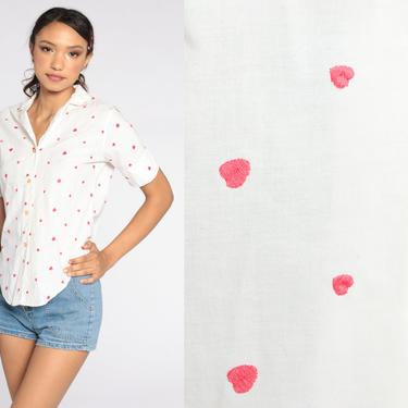 Heart Shirt Button Up Blouse 80s Top Short Sleeve White Red Vintage Novelty Print Cotton 1980s Collar Small S 