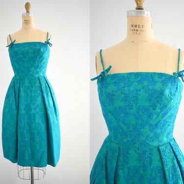 1950s/60s Rappi Green and Blue Brocade Party Dress 