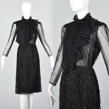 Small Giorgio Sant'Angelo Sheer Separates Set Beaded Separates Set Two Piece Cocktail Dress Pencil Skirt Loose Blouse Beaded Lace 