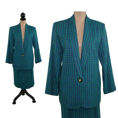 80s Tweed Skirt Suit Women Medium, Blue &amp; Green Plaid Skirt and Blazer Jacket Set, 2 Piece 1980s Clothes Women, Vintage Clothing from LUCIA 