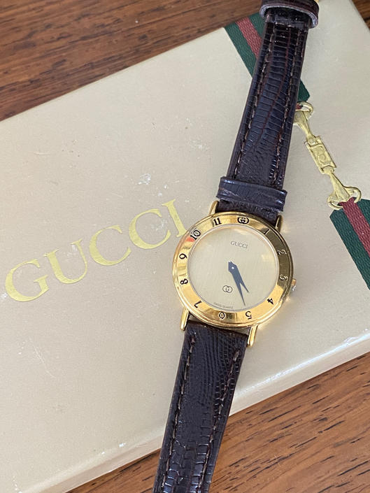 Vintage GUCCI Gold GG Monogram Roman Number Ladies Wrist Watch Lizard Leather Band - Working! by MoonStoneVintageLA from Moonstone Vintage of Los CA | ATTIC