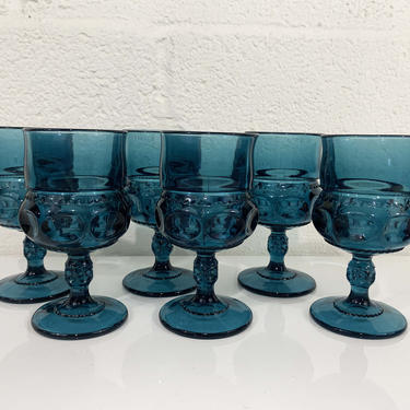 Vintage Blue Kings Crown Goblets Mount Vernon Water Glasses Thumbprint ...