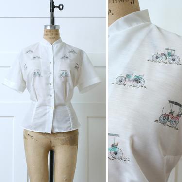 vintage 1950s novelty print blouse • short sleeve white top with antique cars &amp; rhinestones 