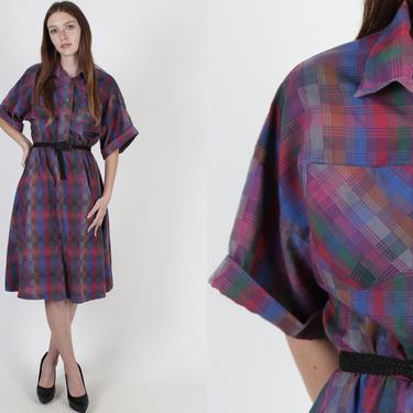 Womens 80s Bright Rainbow Checker Plaid Button Up House Dress With Pockets 