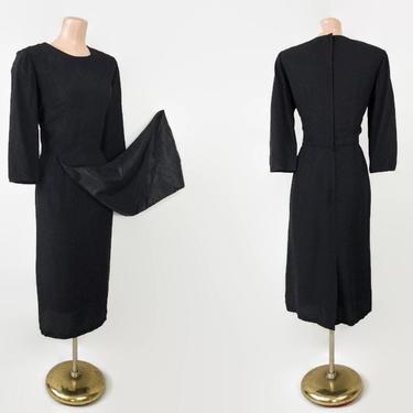 VINTAGE 50s Black Crepe Pencil Dress with Flyaway Front Panel | 1950s Bombshell Cocktail Dress | Jack Mann Original 