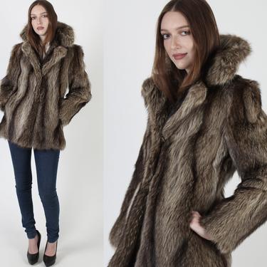 Real Raccoon Fur Jacket / Authentic Shaggy Raccoon Apres Ski Coat / Vintage 70s Large Shawl Collar Evans Stroller Jacket 