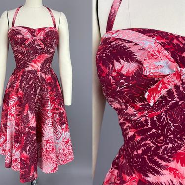 1950s Foliage Print Hawaiian Dress | Vintage 50s 'Kamahameha' Red &amp; Pink Fit and Flare Halter Dress | xs / small / medium 