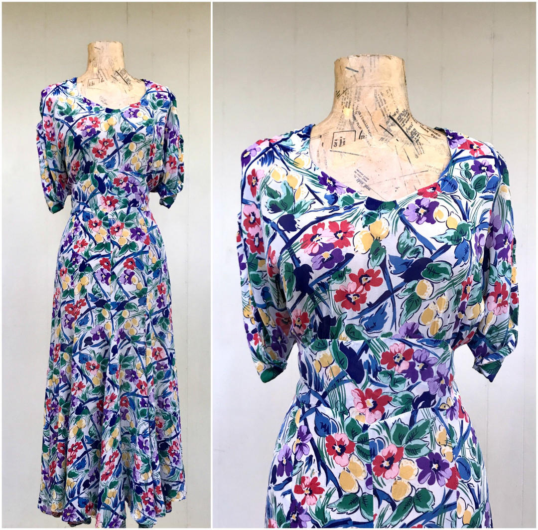 Vintage 1980s Norma Kamali Rayon Floral Dress, Romantic 80s Does 40 ...