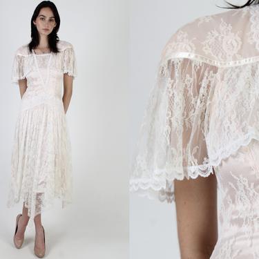 80s Light Pink Gunne Sax Dress / 1980s Romantic White Floral Lace Dress / Deco Bridal Tea Party Capelet Collar Lawn Midi Dress 5 6 