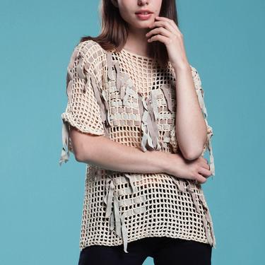 crochet top knit sweater blouse suede leather beige gray open basket weave Bonnie Boerer vintage 80s ONE SIZE S M L 