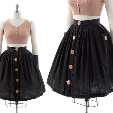 Vintage 1950s Skirt | 50s Solid Black Cotton Huge Big Wood Buttons &amp; Pockets Pleated Minimalist Swing Skirt (medium) 