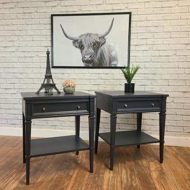 Neoclassical Mid-century Charcoal pair of nightstands 