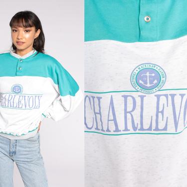 Charlevoix Sweatshirt Michigan Sweatshirt 90s Retro Slouchy Henley Color Block Travel Sweatshirt Jumper Pullover 80s Vintage Oversize Large 