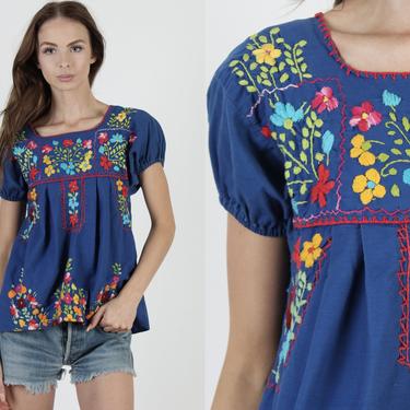 Womens Royal Blue Hand Embroidered Cotton Mexican Puff Sleeve Tunic Blouse 