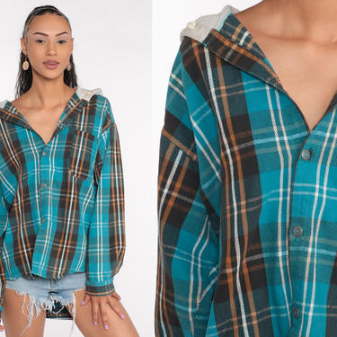 Plaid Hooded Shirt Flannel Hoodie 90s Grunge Hood Oversized Blue Shop Exile Tucson AZ