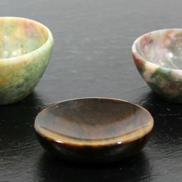 Vintage Stone Set of 3 Small carved Bowls Dishes Moss Agate and Tigers Eye 