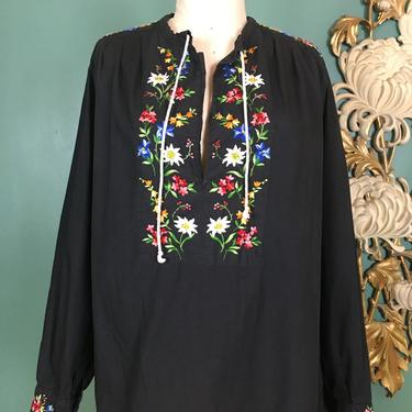 1970s blouse, embroidered tunic, vintage 70s blouse, Hungarian style, flower embroidery, medium large, black cotton, bohemian, Mexican, 38 