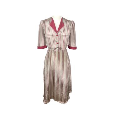 Vintage Shirtwaist Dress Stripped 80's Cuffed Sleeved Dress w Shoulder Pads Elastic Waist Collared Jonathan Martin Dresses for Women 