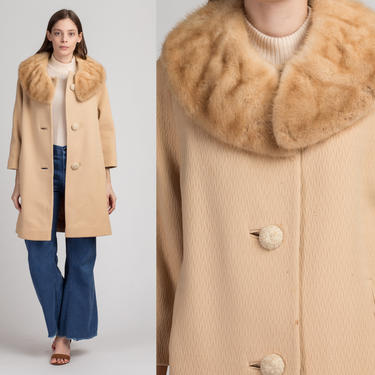 50s 60s Fur Trim Swing Coat - Medium | Vintage Forstmann Mod Wool Button Up Jacket 