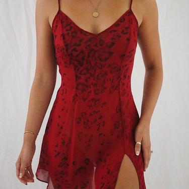 Vintage Victoria’s Secret Cherry Red Silk Leopard Print Slip Dress - Front Slit - Small 