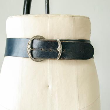 1950s Belt Thick Blue Leather Waist Cinch M 