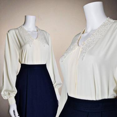 Vintage Lace Collar Blouse, Large / Silky 1940s Style Cocktail Blouse / Elegant Semi Sheer Dress Shirt / Womens Wide Sleeve Button Blouse 