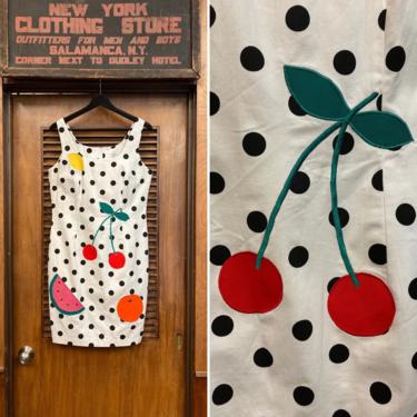 Vintage 1990’s Polka Dot Fruit Design Pop Art Cotton Mod Dress, Vintage 1990s dress, Polka Dots, Fruit Print, Pop Art, Mod Dress 