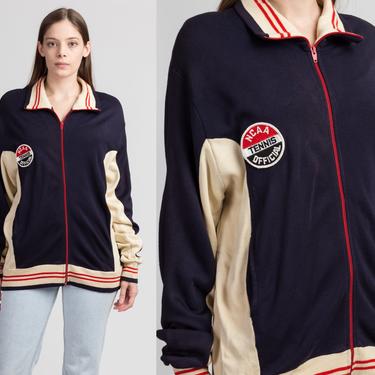70s Wilson NCAA Tennis Jacket - Men's Large | Vintage Navy Blue Striped Zip Up Sweatshirt 