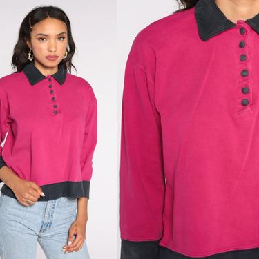 Bright Pink Shirt -- Vintage 80s Button Up Shirt Retro Top 1980s Slouch 3/4 Sleeve Tee Plain Polo Shirt Small S 