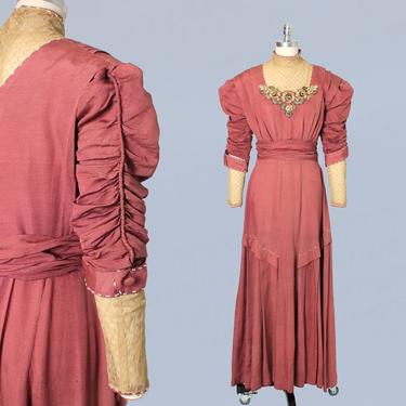 1910s Dress / Edwardian Pink Ribbed Gown  / Ruched Juliet Sleeves / Lace Yoke / Embroidered Flowers 