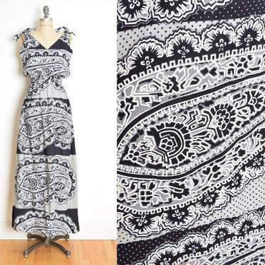 vintage 70s dress gray black paisley psychedelic print long maxi sun dress L clothing 