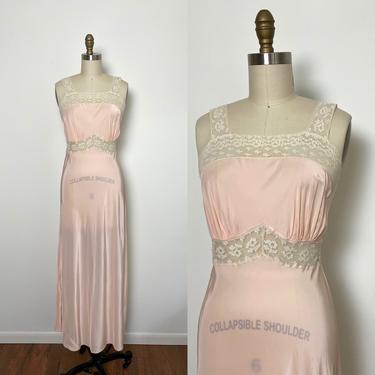 Vintage 1940s Rayon Nightgown 40s Pink w Lace Bias Cut Gown 