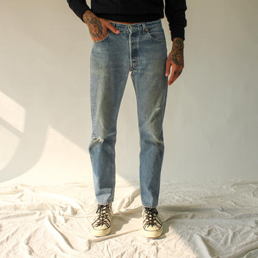 Vintage 90s Levis 501 Destroyed Medium Light Wash Button Fly Denim