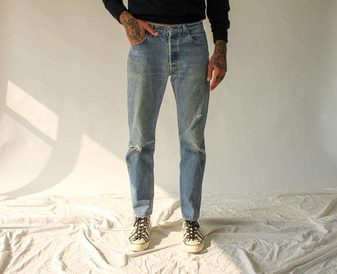 Vintage 90s Levis 501 Destroyed Medium Light Wash Button Fly Denim