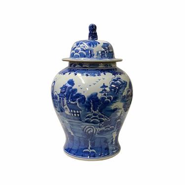 Chinese Blue White Porcelain Scenery Graphic General Temple Jar ws1783E 