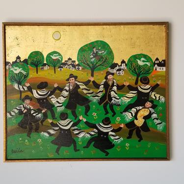 1970s &amp;quot;The Dancing Hassidim &amp;quot; Oil Painting by Baila Feldman, Framed 