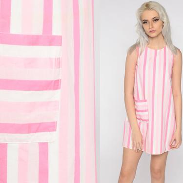 Mod Mini Dress 60s Striped Space Age Dress Pink White Shift 1960s Twiggy Stewardess Vintage Scooter Sleeveless Extra Small xs 