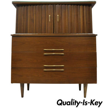 Mid Century Modern Danish Walnut Curved Top Gentleman Tall Chest Dresser Cabinet