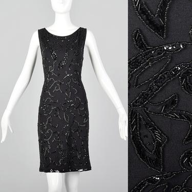 Large Carmen Marc Valvo Black Beaded Dress Fitted Short Beading Sequins Stretch Vintage 1990s Body Con Little Black Dress 