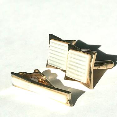 Vintage Swank Cufflink Tie Bar Set Mid Century Modern Gold Tone Retro Menswear 1950s 1960s 