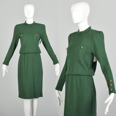 Small 1980s Adolfo Green Knit Holiday Long Sleeve Sweater Dress 